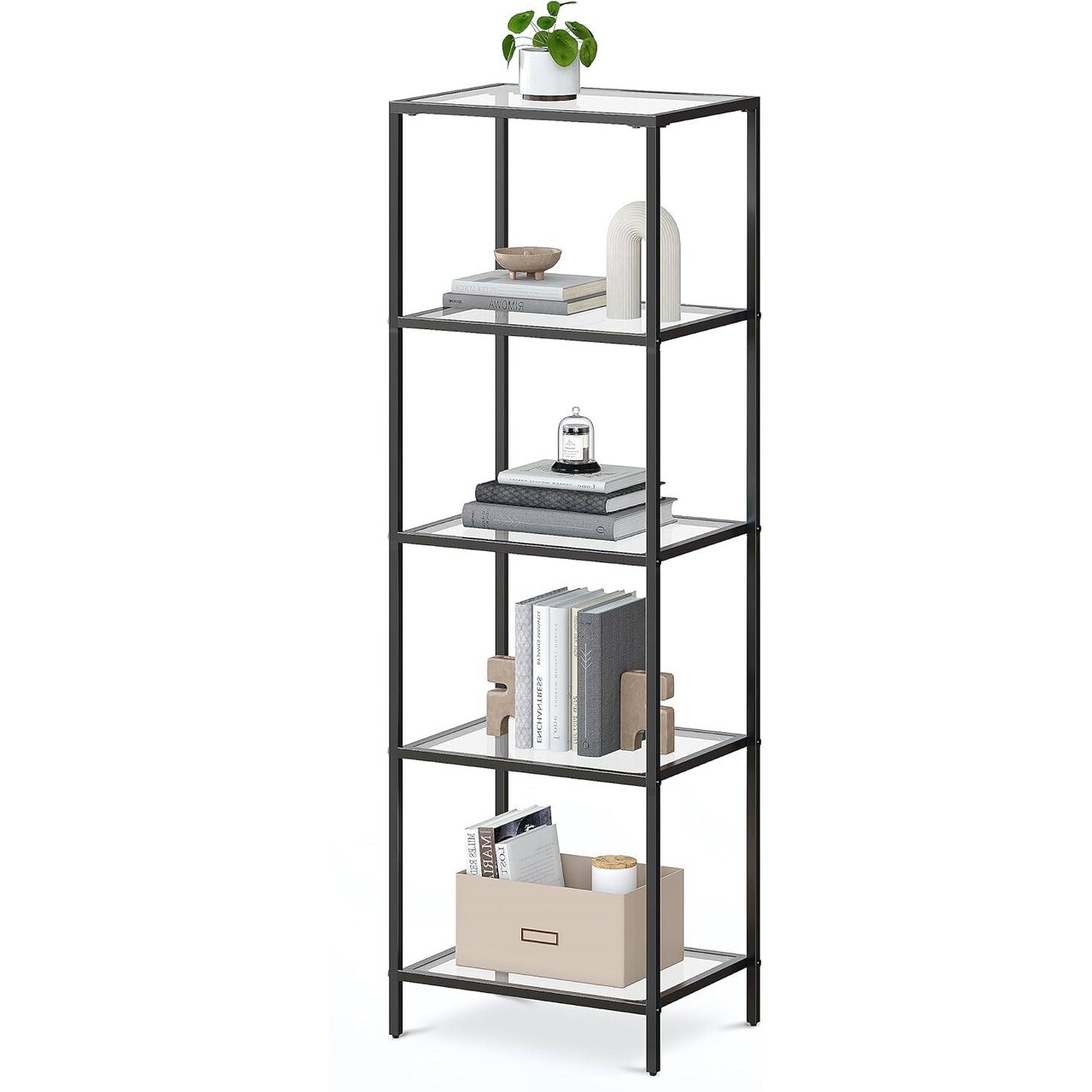 Narrow Glass Shelf Bookcase with Steel Frame for Bedroom Living Room Office Bathroom Storage